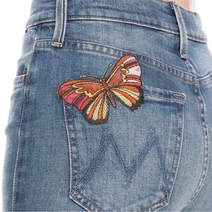MOTHER High Rise Blue Jeans with Colorful Butterfly Embroidery